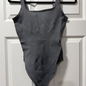Ribbed Square-Neck Bodysuit in Charcoal Gray